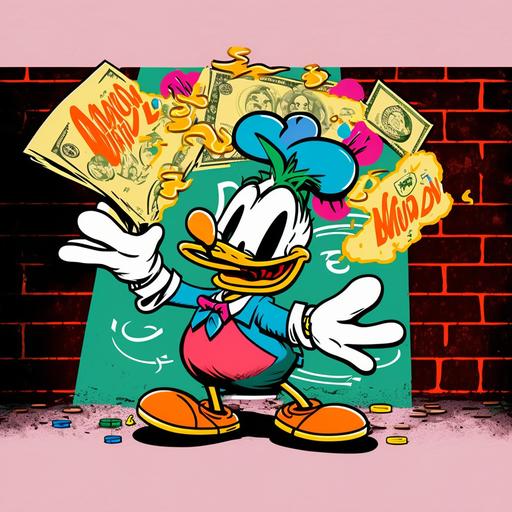 a poster of Donald duck character from looney tunes cartoon, with money bags and dollars all aroun, pop art, colourful pinkish background