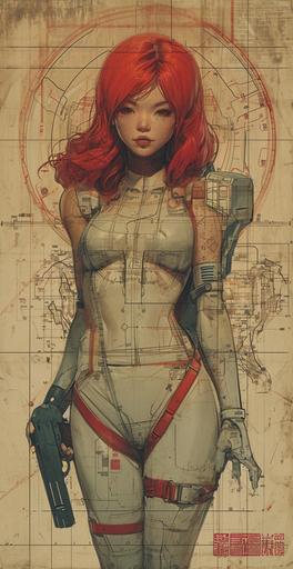 a poster with a femme fatale with red hair holding a gun on a table, lightteal cats on shoulders, in the style of mecha anime, contemporary chinese art, light beige and red, detailed costumes, blueprint, faded palates, 3840x2160 --ar 33:64 --style raw --stylize 246 --v 6.0