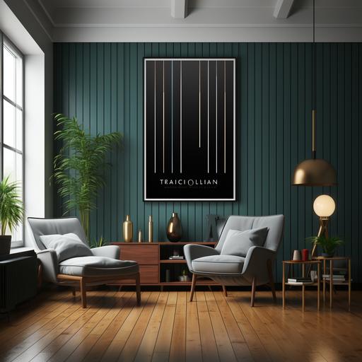 a poster with vertical black wall slats panels as a background in not tall room. The poster says we want to collaborate with resellers, 1920 style with call to action elements --s 750