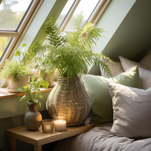 a pot with fern in a cozy bedroom. --style raw --s 750