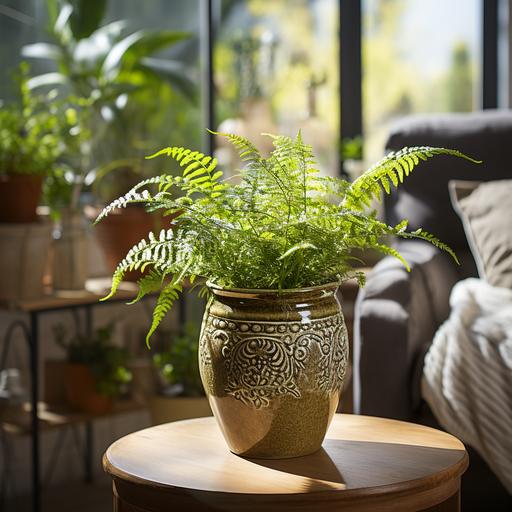a pot with fern in a cozy veranda --style raw --s 750
