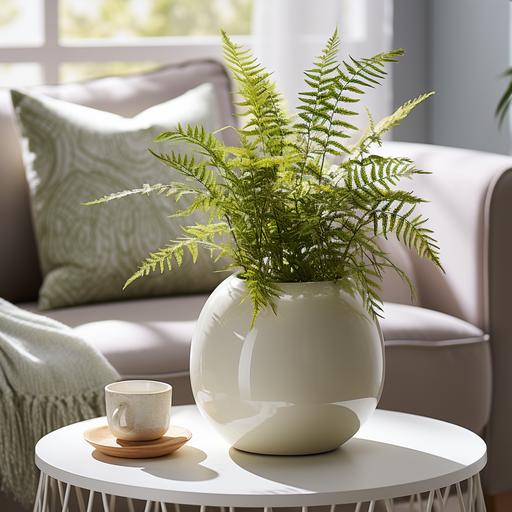 a pot with fern in a cozy white ans pastel living room. --style raw --s 750