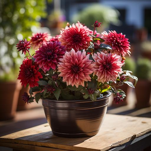 a pot with red dahlia in a cozy mediterranean garden. --style raw --s 750