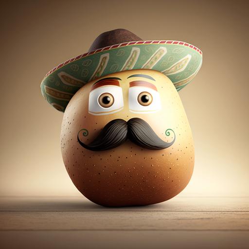 a potato with a Mexican hat, a doodle realistic mouth and a mustache and doodle eyes