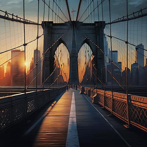 a pov view on the Brooklyn Bridge at sunset facing downtown, the bridge is empty, a warm summer day, photo realistic, full color