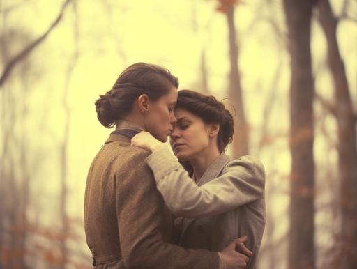 a powerful image from 'Unveiled Secrets,' a groundbreaking LGBTQIAP  film directed by Beatrice Williams. Cinematographer Henry Thompson skillfully captures the passionate relationship between the lesbian heroine (played by Elizabeth Foster) and her genderqueer lover (played by Harper Collins). Shot in a vintage tinted style, the medium shot showcases their embrace against the backdrop of a sprawling countryside. Their polyester garments, true to the early 1900s, add authenticity to their characters. Release Year: 1915. --ar 4:3 --v 5.1