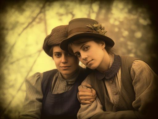 a powerful image from 'Unveiled Secrets,' a groundbreaking LGBTQIAP  film from 1915 directed by Beatrice Williams. Cinematographer Henry Thompson skillfully captures the passionate relationship between the lesbian heroine (played by Elizabeth Foster) and her genderqueer lover (played by Harper Collins). Shot in a vintage tinted style, the medium shot showcases their embrace against the backdrop of a sprawling countryside. Their polyester garments, true to the early 1900s, add authenticity to their characters. --ar 4:3 --v 5.1