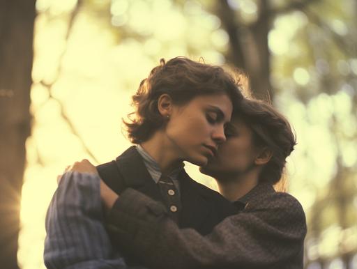 a powerful image from 'Unveiled Secrets,' a groundbreaking LGBTQIAP  film directed by Beatrice Williams. Cinematographer Henry Thompson skillfully captures the passionate relationship between the lesbian heroine (played by Elizabeth Foster) and her genderqueer lover (played by Harper Collins). Shot in a vintage tinted style, the medium shot showcases their embrace against the backdrop of a sprawling countryside. Their polyester garments, true to the early 1900s, add authenticity to their characters. Release Year: 1915. --ar 4:3 --v 5.1
