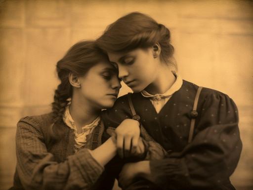 a powerful image from 'Unveiled Secrets,' a groundbreaking LGBTQIAP  film from 1915 directed by Beatrice Williams. Cinematographer Henry Thompson skillfully captures the passionate relationship between the lesbian heroine (played by Elizabeth Foster) and her genderqueer lover (played by Harper Collins). Shot in a vintage tinted style, the medium shot showcases their embrace against the backdrop of a sprawling countryside. Their polyester garments, true to the early 1900s, add authenticity to their characters. --ar 4:3 --v 5.1