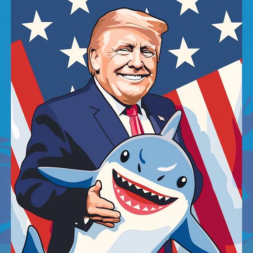 a presidential poster that has trump and a baby shark on it and make it say baby shark trump 2024 in red white and blue and have a cute baby shark cartoon on it and trump.