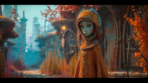 a pretty alien girl in a in a decorative indian patterned hooded dress::2 stands outside a victorian house, by Studio Ghibli:: magic hour::2 Studio Ghibli. Hyperrealism. Unreal Engine. --ar 16:9 --v 6.0