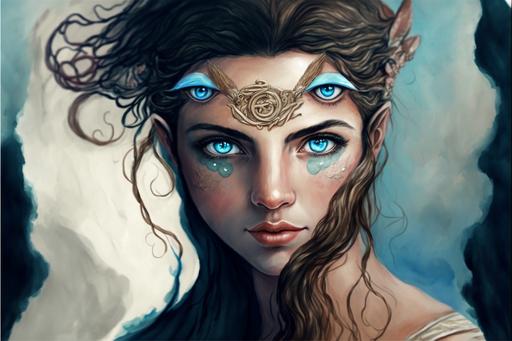 a pretty girl, warrior. wiry, beautiful brown eyes almond shaped, olive skin, amazing symbolism of Pisces zodiac symbol as background, tone a palette of blue colors, hyper realistic, watercolour --v 4 --ar 3:2