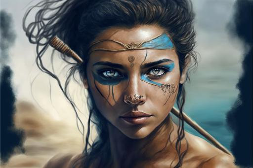 a pretty girl, warrior. wiry, beautiful brown eyes almond shaped, olive skin, amazing symbolism of Pisces zodiac symbol as background, tone a palette of blue colors, hyper realistic, watercolour --v 4 --ar 3:2