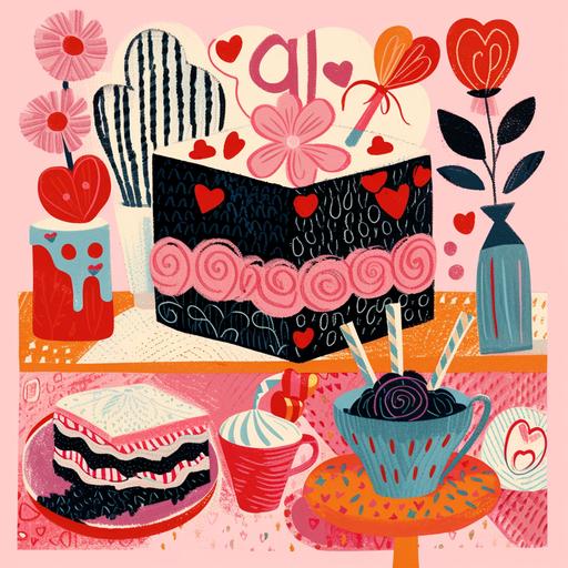 a pretty illustration with Valentine's cake, Valentine's candy and flowers, in the style of bold block prints, alice pattullo, Laurie hastings, claire halifax, soft crosshatchings, fauvist color explosions, miniature and small-scale paintings, mundane materials, stenciled iconography, cottagepunk, album cover, aesthetic, damaged photo, acid house effect, risograph effect, halftone effect, halftone gradient, gradient map, gradient texture, grain noise overlay, sparklecore, anaglyph distortion, transparent layers --v 6.0 --s 250