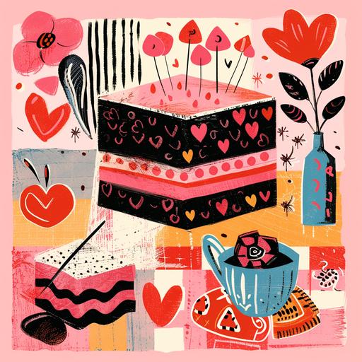 a pretty illustration with Valentine's cake, Valentine's candy and flowers, in the style of bold block prints, alice pattullo, Laurie hastings, claire halifax, soft crosshatchings, fauvist color explosions, miniature and small-scale paintings, mundane materials, stenciled iconography, cottagepunk, album cover, aesthetic, damaged photo, acid house effect, risograph effect, halftone effect, halftone gradient, gradient map, gradient texture, grain noise overlay, sparklecore, anaglyph distortion, transparent layers --v 6.0 --s 250