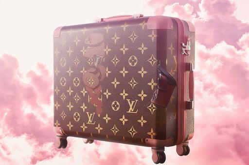 a pretty realistic pink Louis Vuitton suitcase floating in a pinky sky with silver metallic LV monogram all over --ar 3:2