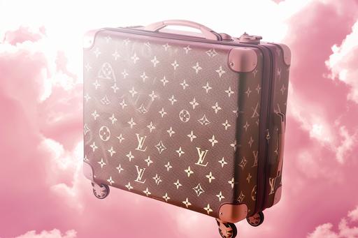 a pretty realistic pink Louis Vuitton suitcase floating in a pinky sky with silver metallic LV monogram all over --ar 3:2 --v 6.0