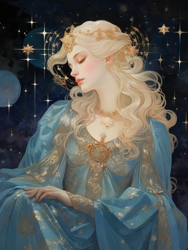 a princess in her 20s, pale blonde hair that covers one eye, wearing a small gold crown, floor length blue dress with long sleeves, serene and detached expression, surrounded by small gold stars, lunar fantasy aesthetic, detailed, soft cool tones, Alphonse mucha style, --ar 6:8