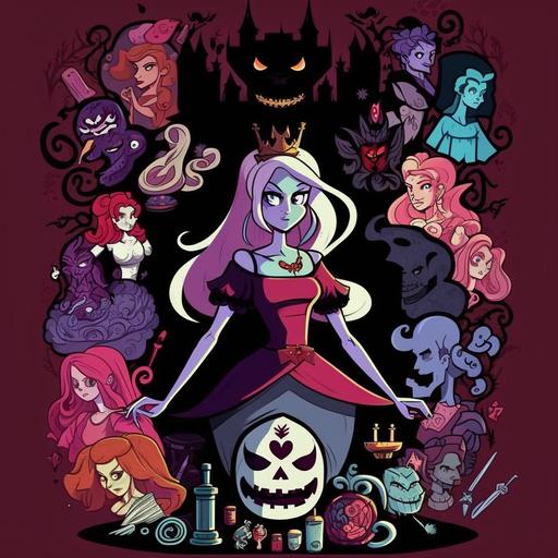 a princess who is from hell. she reps the bisexual icon styles from scooby doo's hex girls or even adventure time's marceline the vampire princess. she stands in the center of the image with a litany of girly things behind her