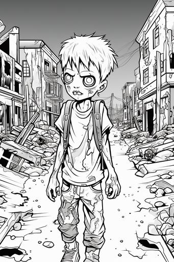 a printable black and white coloring page featuring a friendly young zombie in a post-apocalyptic abandoned town, clean line art, thick lines, no shading, simple --ar 2:3