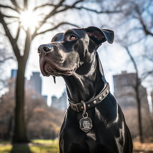 a pristine, beautiful, black, Great Dane at a New York City dog park, sunshine, intricate details, dynamic lighting, cinematic