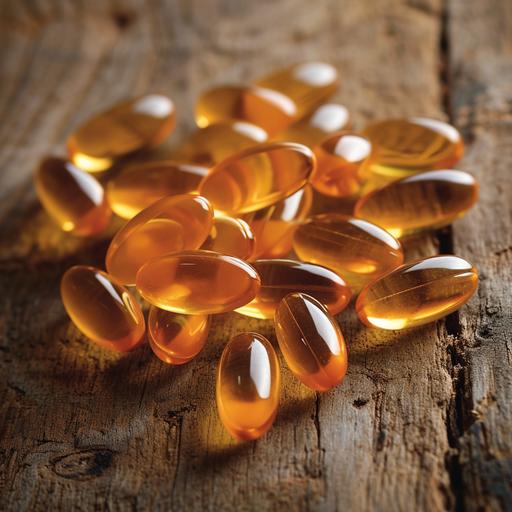 a product display close up image of light orange soft gel capsules on an aged oak table --v 6.0