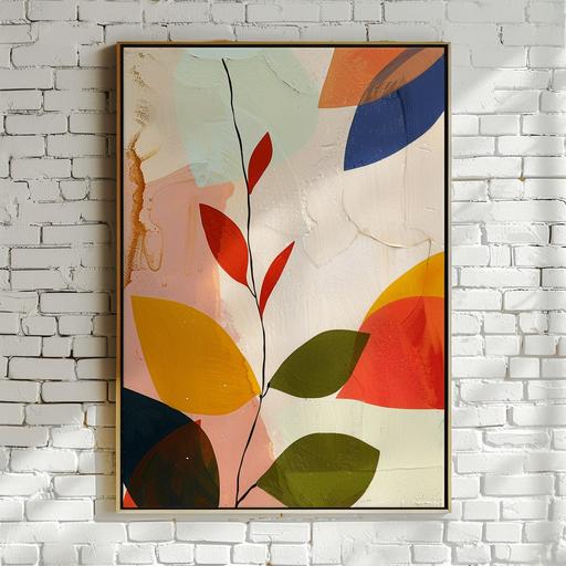 a product photo of an unframed canvas hanging on a white brick wall. The artwork is of a botanical abtract print in the style of matisse