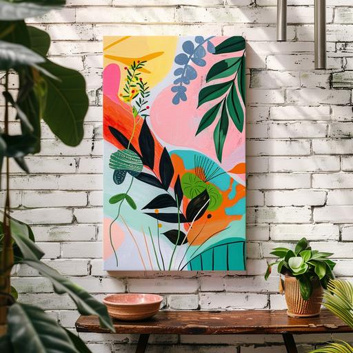 a product photo of an unframed canvas hanging on a white brick wall. The artwork is of a botanical abtract print in the style of matisse