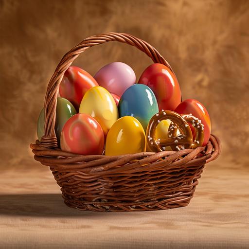 a product shot of colorful easter eggs with pretzels inside of them in an easter basket on a clean brown backdrop studio lit 8k --v 6.0