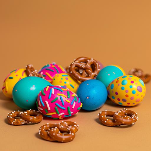 a product shot of colorful easter eggs with pretzels inside of them on a clea brown backdrop studio lit 8k --v 6.0