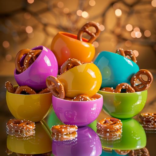 a product shot of colorful easter eggs with pretzels inside of them on a clea brown backdrop studio lit 8k --v 6.0