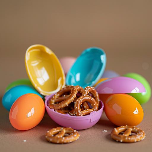 a product shot of colorful plastic easter eggs opened with little hard pretzels inside on a clean brown backdrop studio lit 8k --v 6.0