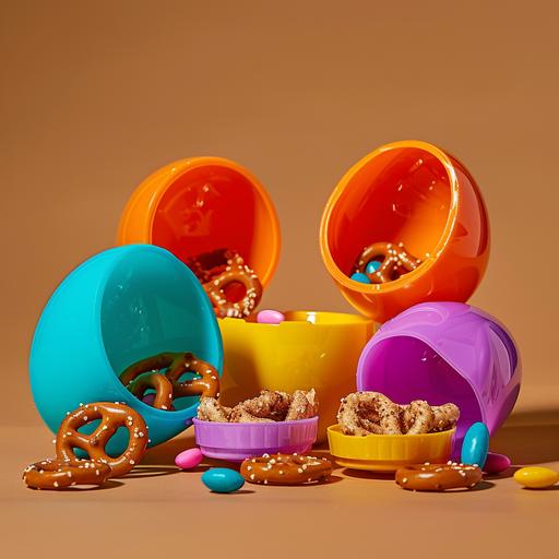 a product shot of colorful plastic easter eggs opened with little hard pretzels inside on a clean brown backdrop studio lit 8k --v 6.0