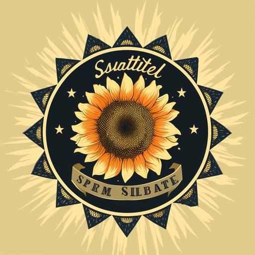 a professional, award winning circle logo with a sunflower emblem, with leopard pattern inside, kitschy vintage, retro ,simple, with a banner saying 