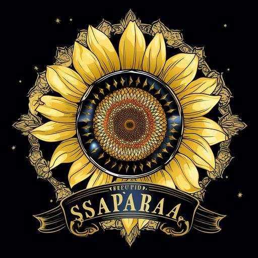 a professional, award winning circle logo with a sunflower emblem, with leopard pattern inside, kitschy vintage, retro ,simple, with a banner saying 