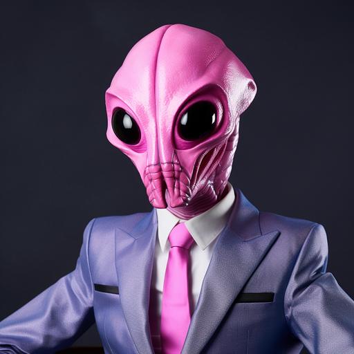 a professional headshot of a bug face silicon pink alien, wearing a chrome suit and tie