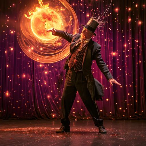 a professional man in a dapper suit and a top hat using a flaming heliocentric yo-yo on a cosmic purplish stage with a solar background curtain --v 6.0 --style raw