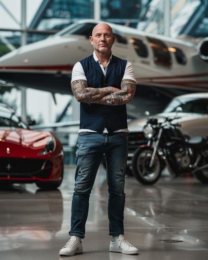 a professional photo of a 50-year-old man, bald, looking at the camera, posing for a finance magazine cover style photo, with luxurious cars, motorcycles, helicopters and a private jet behind him creating an appearance of wealth and money. The man must have his arms crossed, wearing a white polo t-shirt, a navy blue vest, jeans and white sneakers. Both arms must be fully tattooed. Photo taken by a Sony A9 50mm --ar 4:5 --v 6.0