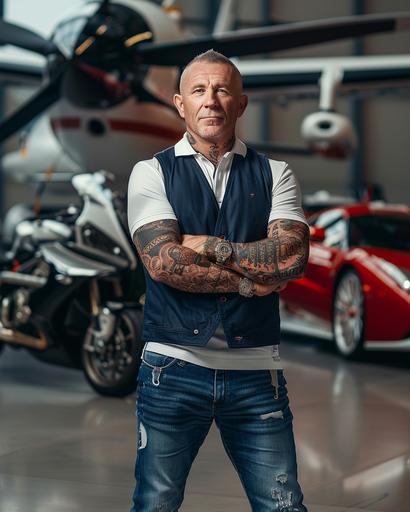 a professional photo of a 50-year-old man, with very short gray hair, looking at the camera, posing for a finance magazine cover style photo, with luxurious cars, motorcycles, helicopters and a private jet behind him creating an appearance of wealth and money . The man must have his arms crossed, wearing a white polo t-shirt, a navy blue vest, jeans and white sneakers. Both arms must be fully tattooed. Photo taken by a Sony A9 50mm --ar 4:5 --v 6.0