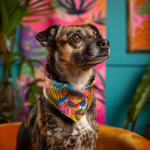 a professional photo of a mutt in a colorful animal-print bandana sitting in a colorful room. 4k. realistic commerical style --v 6.0