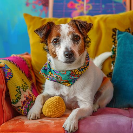 a professional photo of a mutt in a colorful print bandana sitting on a colorful pastel couch. Hes playing with a toy. 4k. realistic commercial style --v 6.0