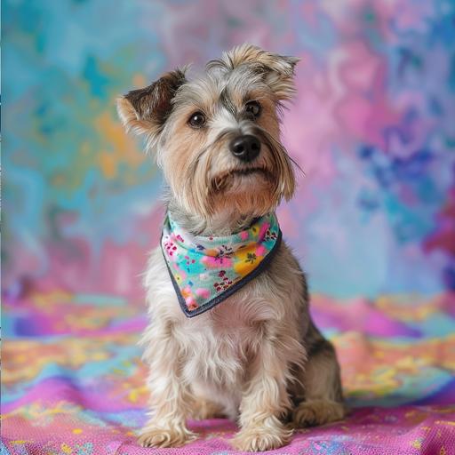 a professional photo of a mutt in a colorful print bandana sitting on a colorful pastel carpet. 4k. realistic commercial style --v 6.0