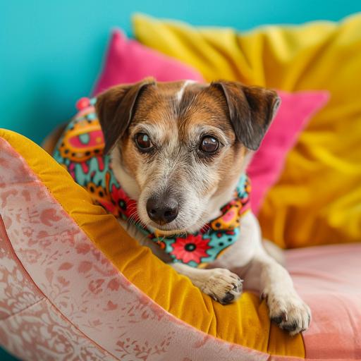 a professional photo of a mutt in a colorful print bandana sitting on a colorful pastel couch. Hes laying his head down. 4k. realistic commercial style --v 6.0