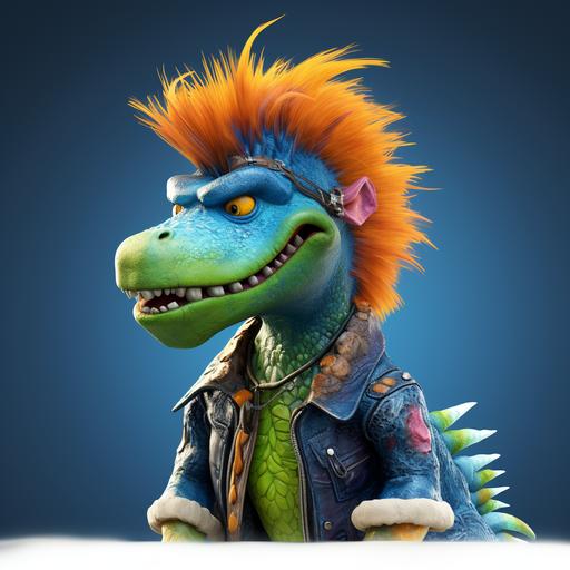 a profile view of a blue dinosaur character with a green nose, mouth hands and feet. The dinosaur has orange fuzzy hair and a punk rock jacket with pins spikes and patches on the jacket. the feet and hand claws have yellow fingernails.