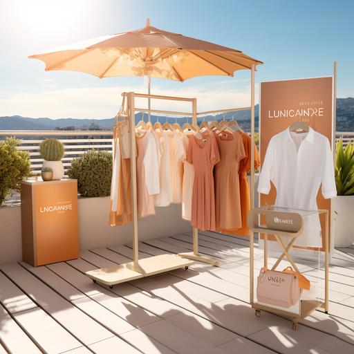 a promotional flyer with a stand on the terrace, in Marseille, on the theme of the sun and the beach, in gold and terracotta and sand colors with modern clothes racks, design and anti-UV clothing that protects from the modern sun with details, a bar with cocktails and large posters of mannequins and a clothes rack
