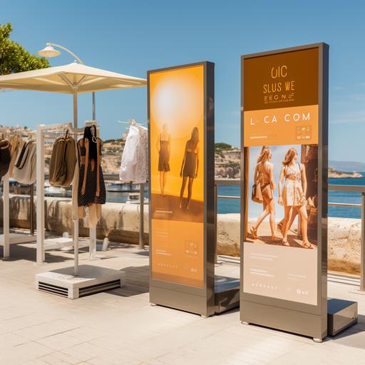 a promotional flyer with a stand on the terrace, in Marseille, on the theme of the sun and the beach, in gold and terracotta and sand colors with modern clothes racks, design and anti-UV clothing that protects from the modern sun with details, a bar with cocktails and large posters of mannequins and a clothes rack