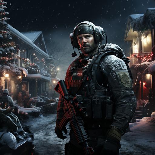 a promotional image for the new operator bundle for Call of Duty Modern Warfare 3 featuring an adult Kevin McCallister wearing cargo pants and a red Christmas sweater with tactical gear preparing for battle in the snow outside a wealthy suburban home decorated with white Christmas lights. 4k. Ultra-detailed. --s 250