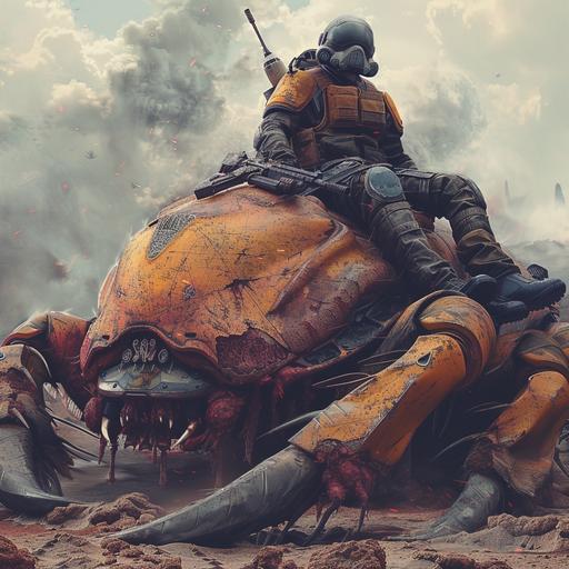a propaganda poster of helldivers 2 video game (similar to starship troopers) with a character sitting on top a dead horrifying massive bug the size of a car (starship troopers like bug dangerous beak bug) after a battle. He comically relaxed while he lays on top of the huge bug staring at the cañería. Poster should have space for text that will be whit. Make it photorealistic, cinematic, dramatic lighting. Movie poster dimensions and feel. Incorporate blue accents so it not too red. Character should look like a beefed up version of Bobba Fett but with a different helmet, more halo style. and a starship trooper style rifle. It must be ULTRA HD photorealistic.