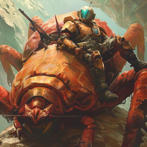 a propaganda poster of helldivers 2 video game (similar to starship troopers) with a character sitting on top a dead horrifying massive bug the size of a car (starship troopers like bug dangerous beak bug) after a battle. He comically relaxed while he lays on top of the huge bug staring at the cañería. Poster should have space for text that will be whit. Make it photorealistic, cinematic, dramatic lighting. Movie poster dimensions and feel. Incorporate blue accents so it not too red. Character should look like a beefed up version of Bobba Fett but with a different helmet, more halo style. and a starship trooper style rifle. It must be ULTRA HD photorealistic.