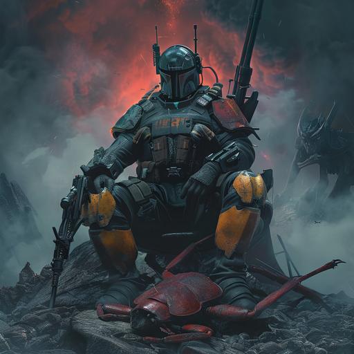 a propaganda poster of helldivers 2 video game (similar to starship troopers) with a character sitting on top a dead starship troopers bug after a battle relaxed. With a space for text. Make it photorealistic, cinematic, dramatic lighting. Movie poster dimensions and feel. Incorporate blue accents so it not too red. Character should look like a beefed up version of Bobba Fett, with a more halo style helmet and a starship trooper style rifle. It must be ULTRA HD photorealistic